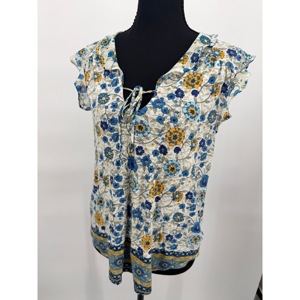 Lucky Brand Floral Blouse Womens Medium Blue Yellow Excellent Ruffle Tie Front